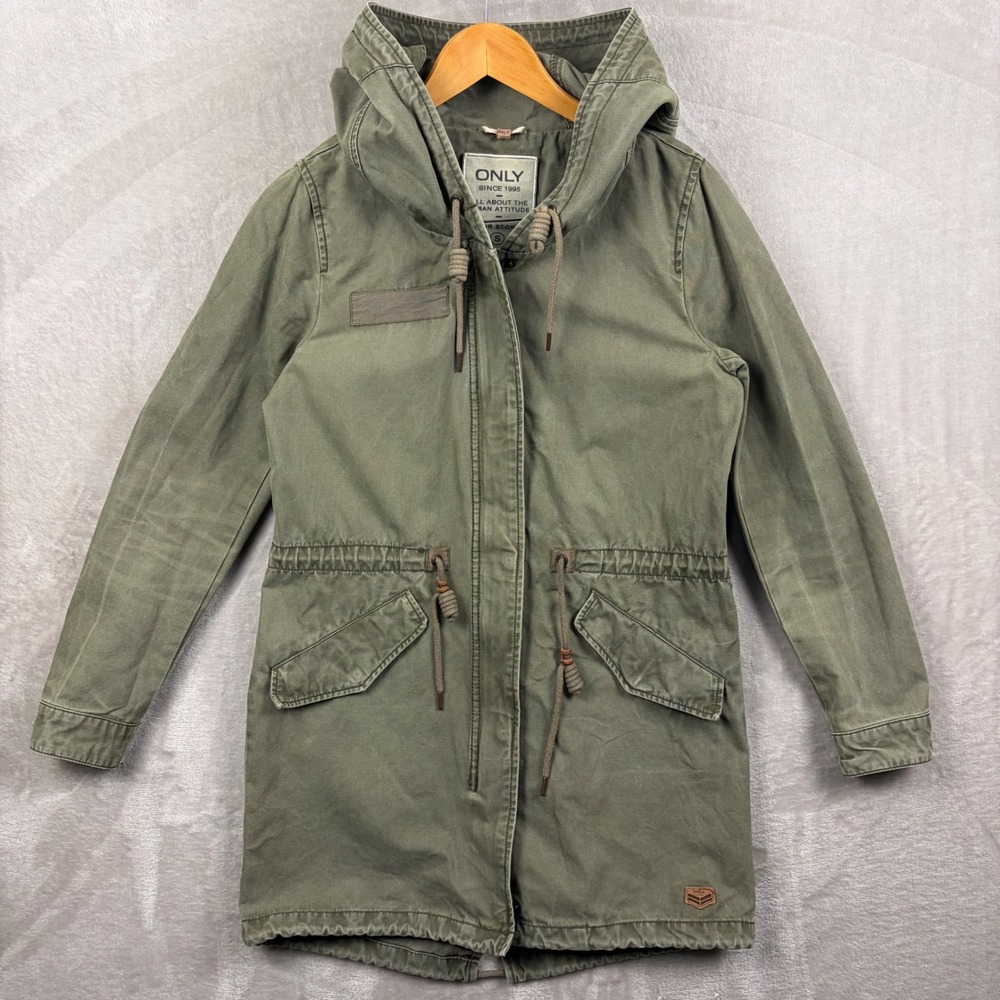 ONLY Jacket Women Size S Military Green Hooded Zipper Utility Granola Streetwear